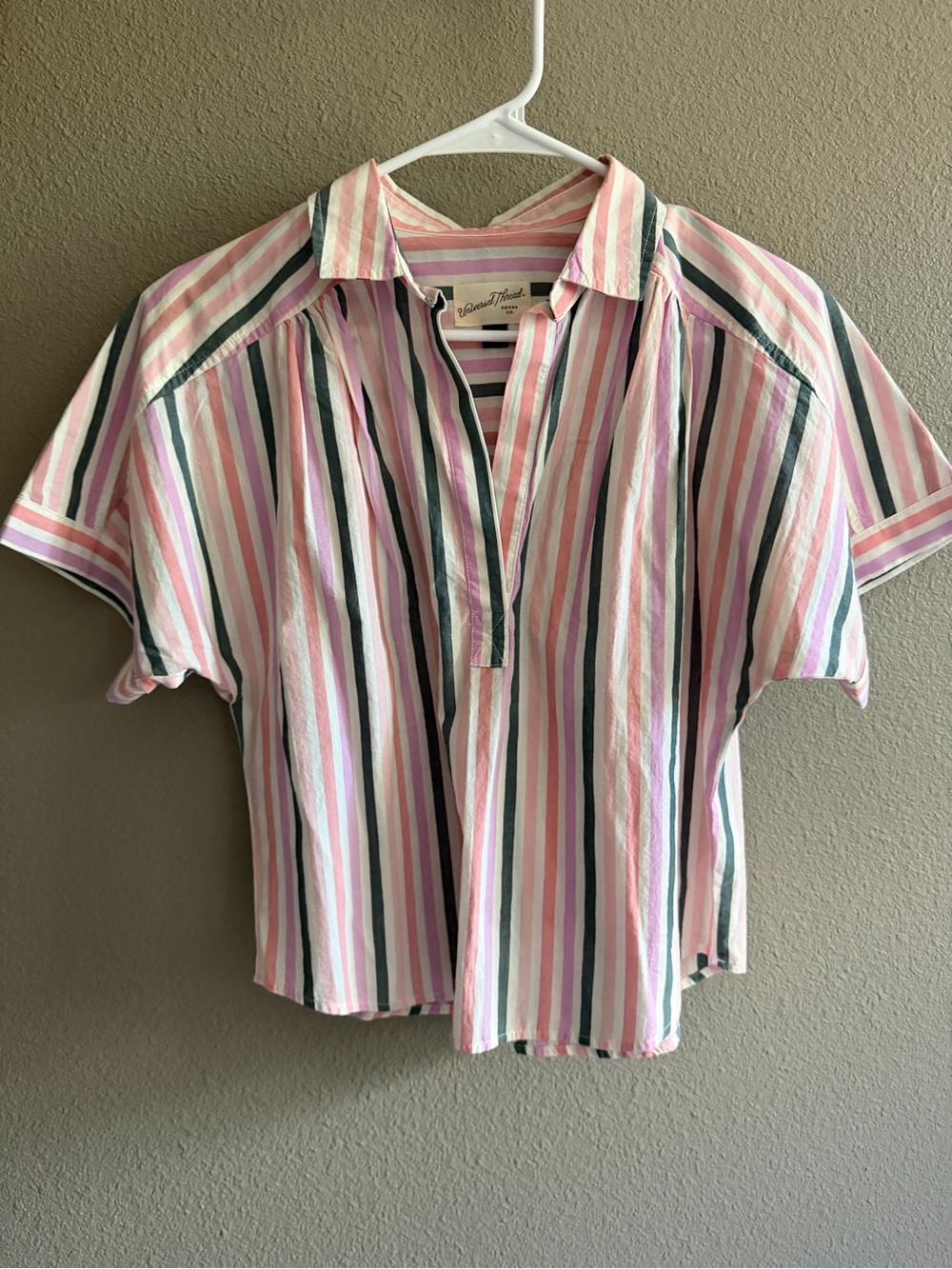 Universal Thread Pink Multi-Stripe Button-Down Short Sleeve Top